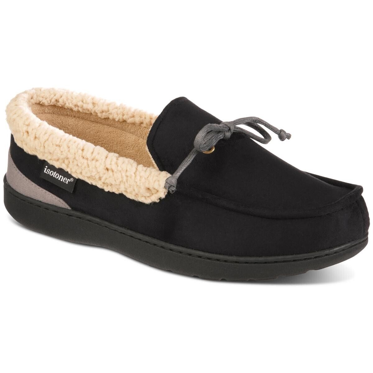 isotoner Mens Faux Suede Memory Foam Moccasin Slippers, BLACK, SIZE XXL 13-14